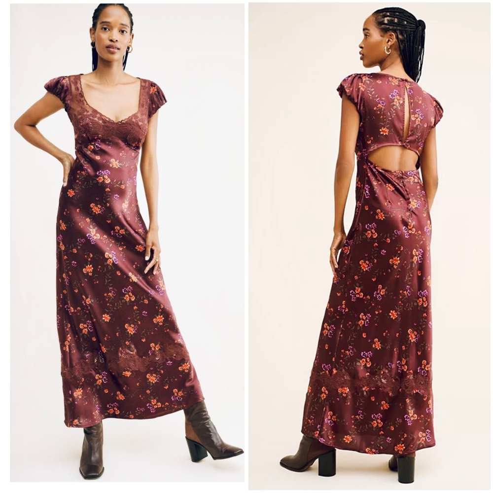 Free People Burgundy Floral Backless Satin Slip Dress - Picture 9 of 16